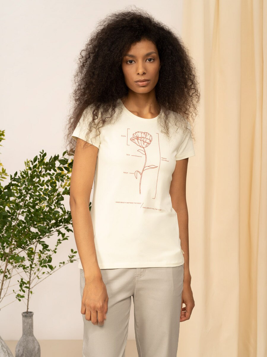 OUTHORN T-shirt z nadrukiem damski - kremowy Złamana biel