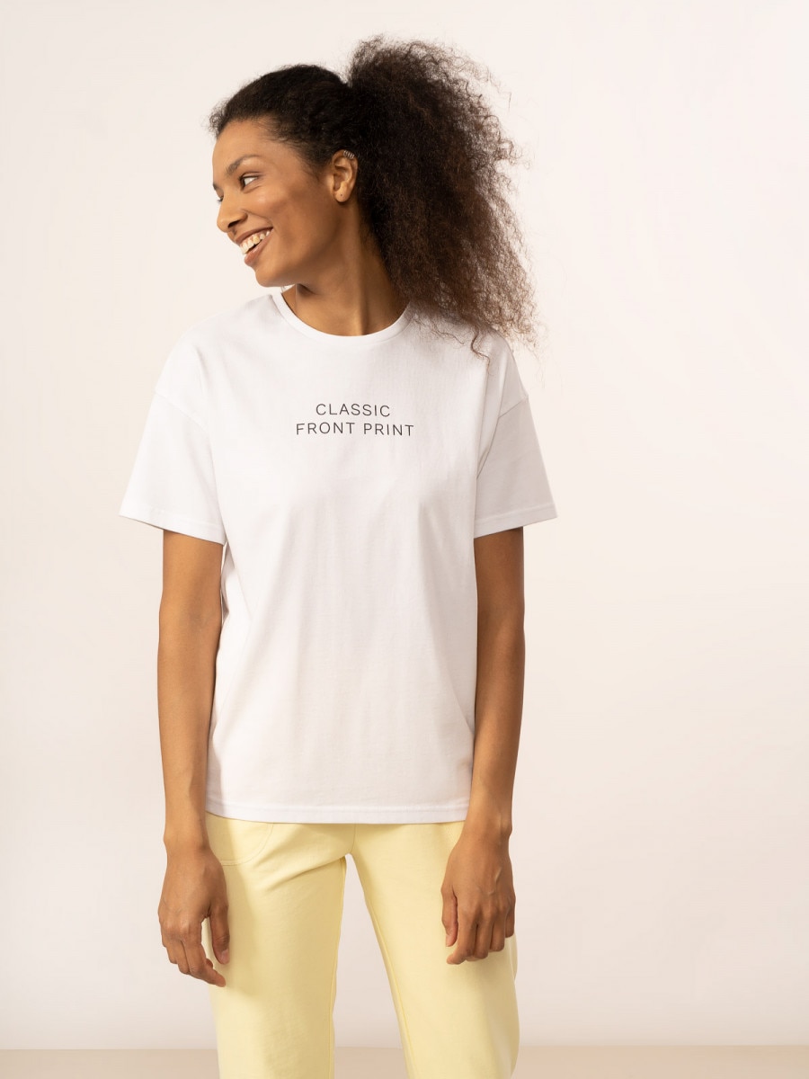 OUTHORN T-shirt oversize z nadrukiem damski - biały Biały