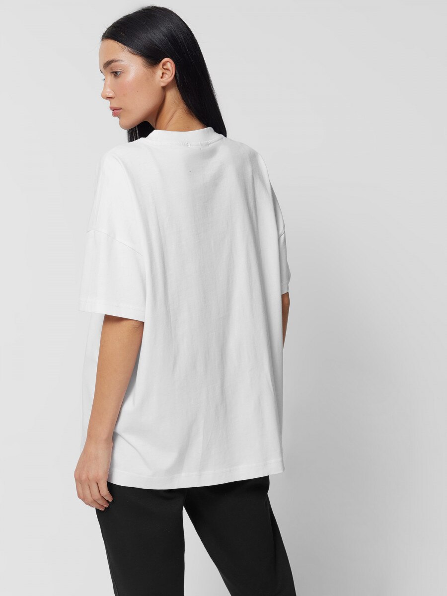 OUTHORN T-shirt oversize z nadrukiem damski - biały Biały 5