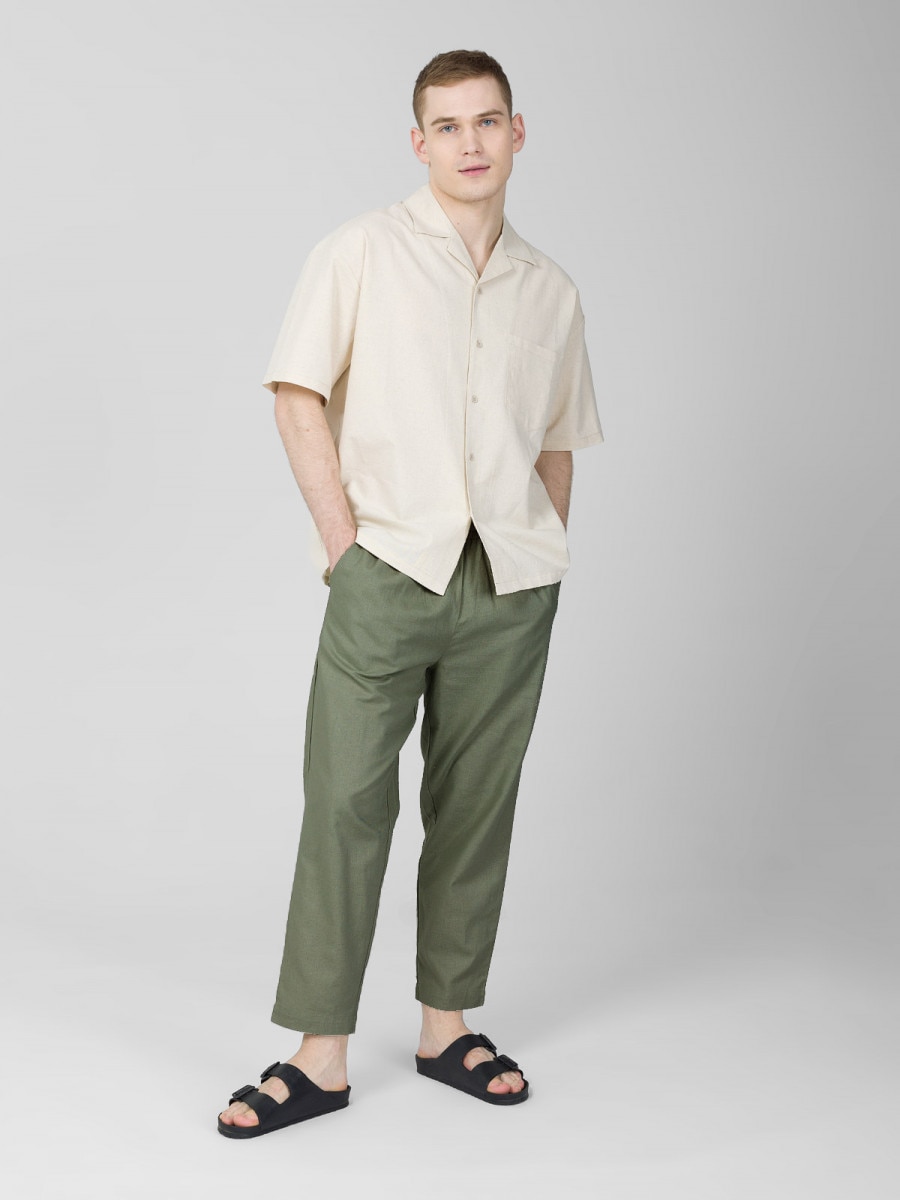 OUTHORN Spodnie tkaninowe z lnem męskie - khaki Khaki 2