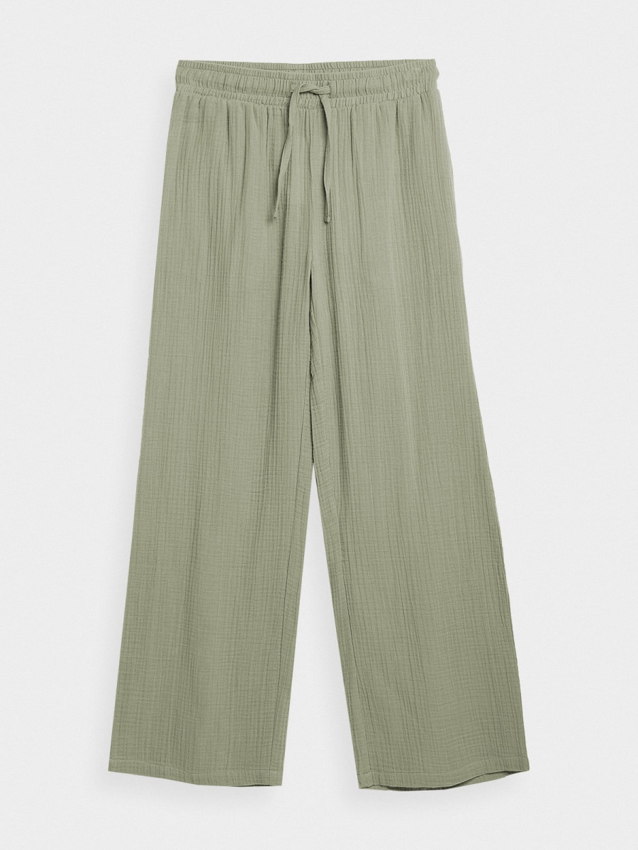 OUTHORN Szerokie spodnie z bawełnianego muślinu damskie - oliwkowe Mięta 8