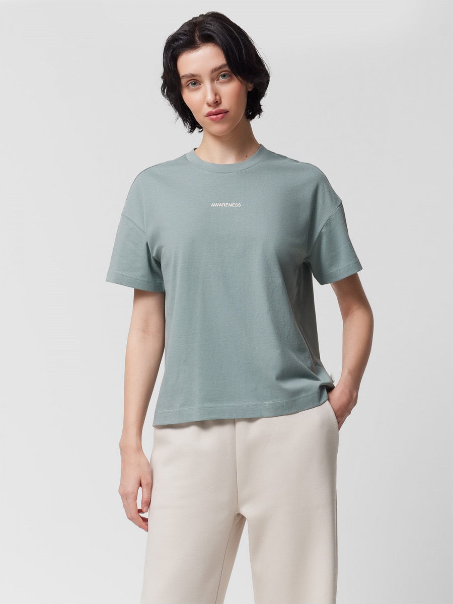 OUTHORN T-shirt o kroju boxy z nadrukiem damski - morski Morska zieleń
