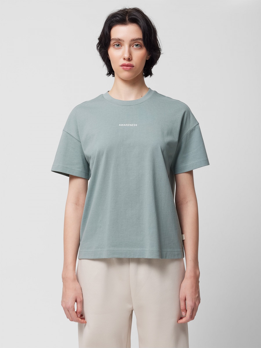 OUTHORN T-shirt o kroju boxy z nadrukiem damski - morski Morska zieleń 5