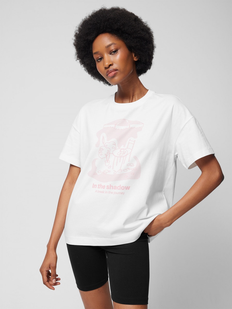 OUTHORN T-shirt o kroju boxy z nadrukiem damski - złamana biel Złamana biel 5
