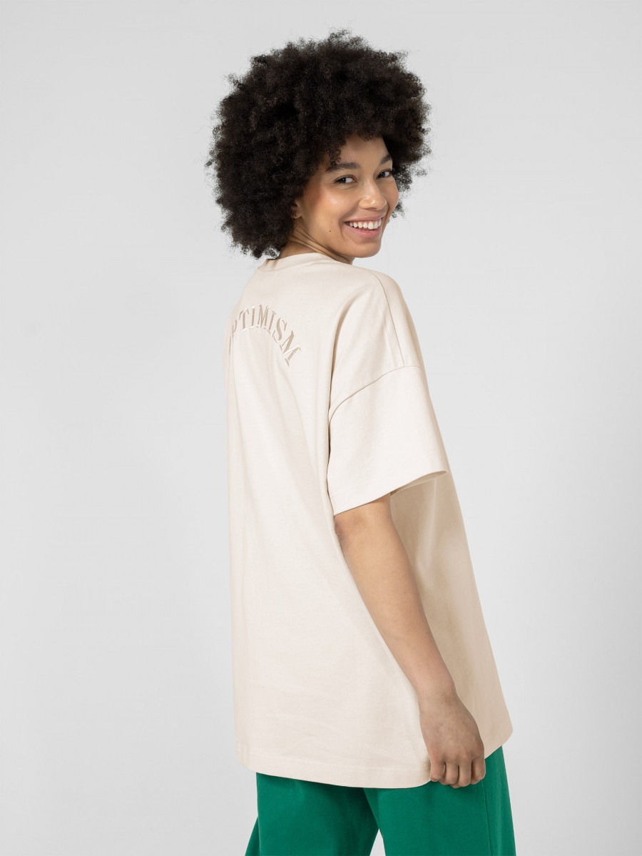 OUTHORN T-shirt oversize z haftem damski - kremowy Złamana biel
