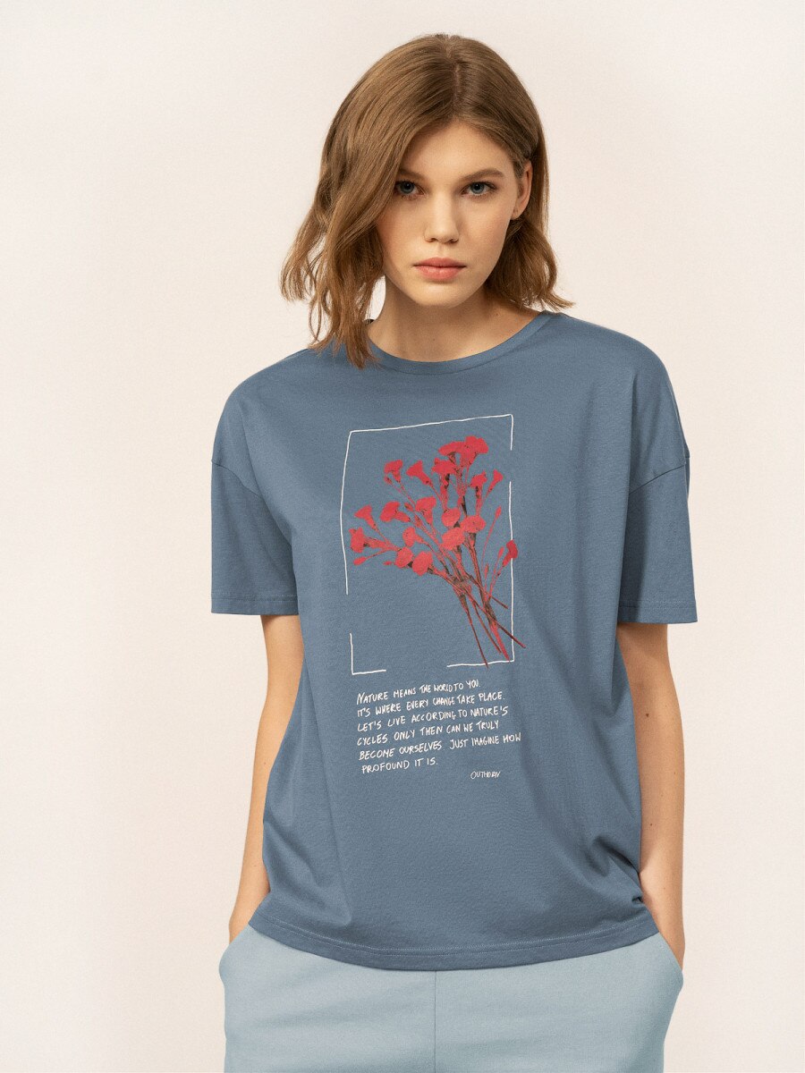 OUTHORN T-shirt oversize z nadrukiem damski - niebieski Niebieski 3
