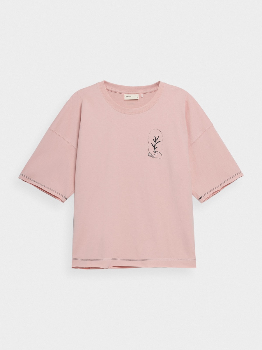 OUTHORN T-shirt oversize z nadrukiem damski Jasny róż 3