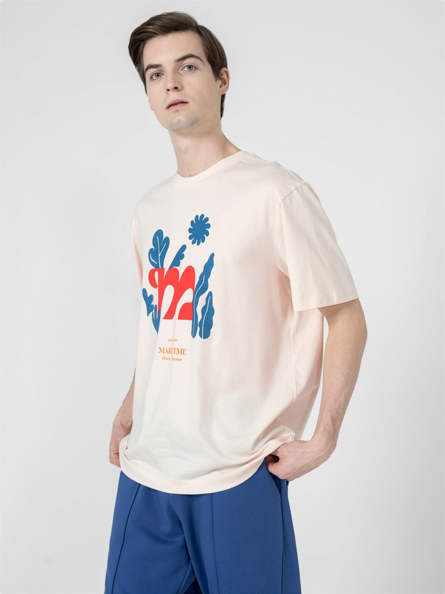 OUTHORN T-shirt oversize z nadrukiem męski - kremowy Złamana biel 3