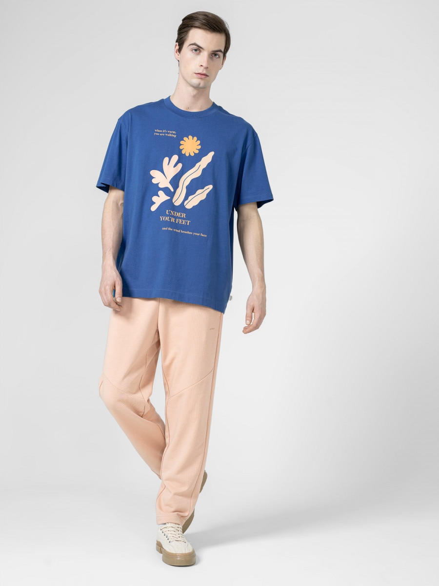 OUTHORN T-shirt oversize z nadrukiem męski - niebieski Niebieski 2
