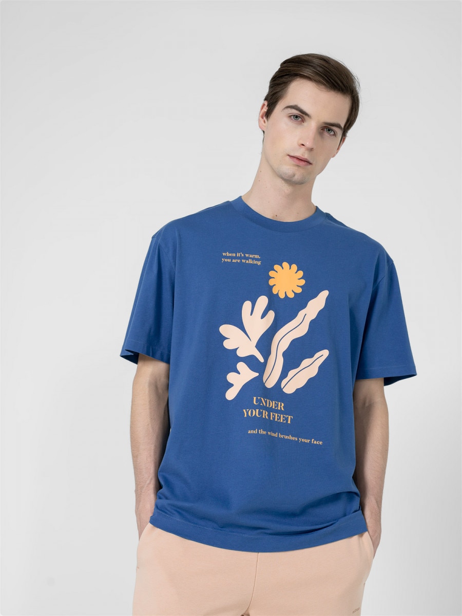 OUTHORN T-shirt oversize z nadrukiem męski - niebieski Niebieski