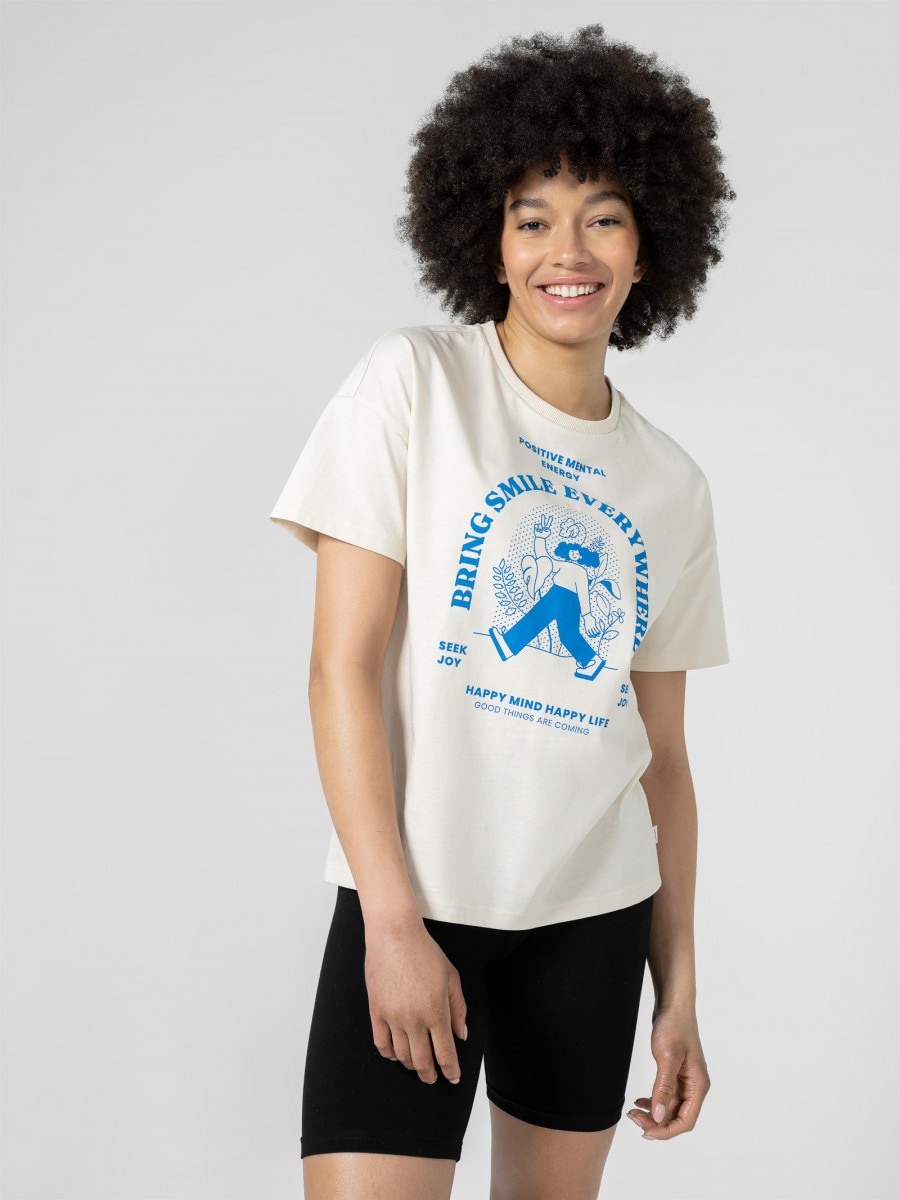 OUTHORN T-shirt z nadrukiem damski - kremowy Złamana biel 2