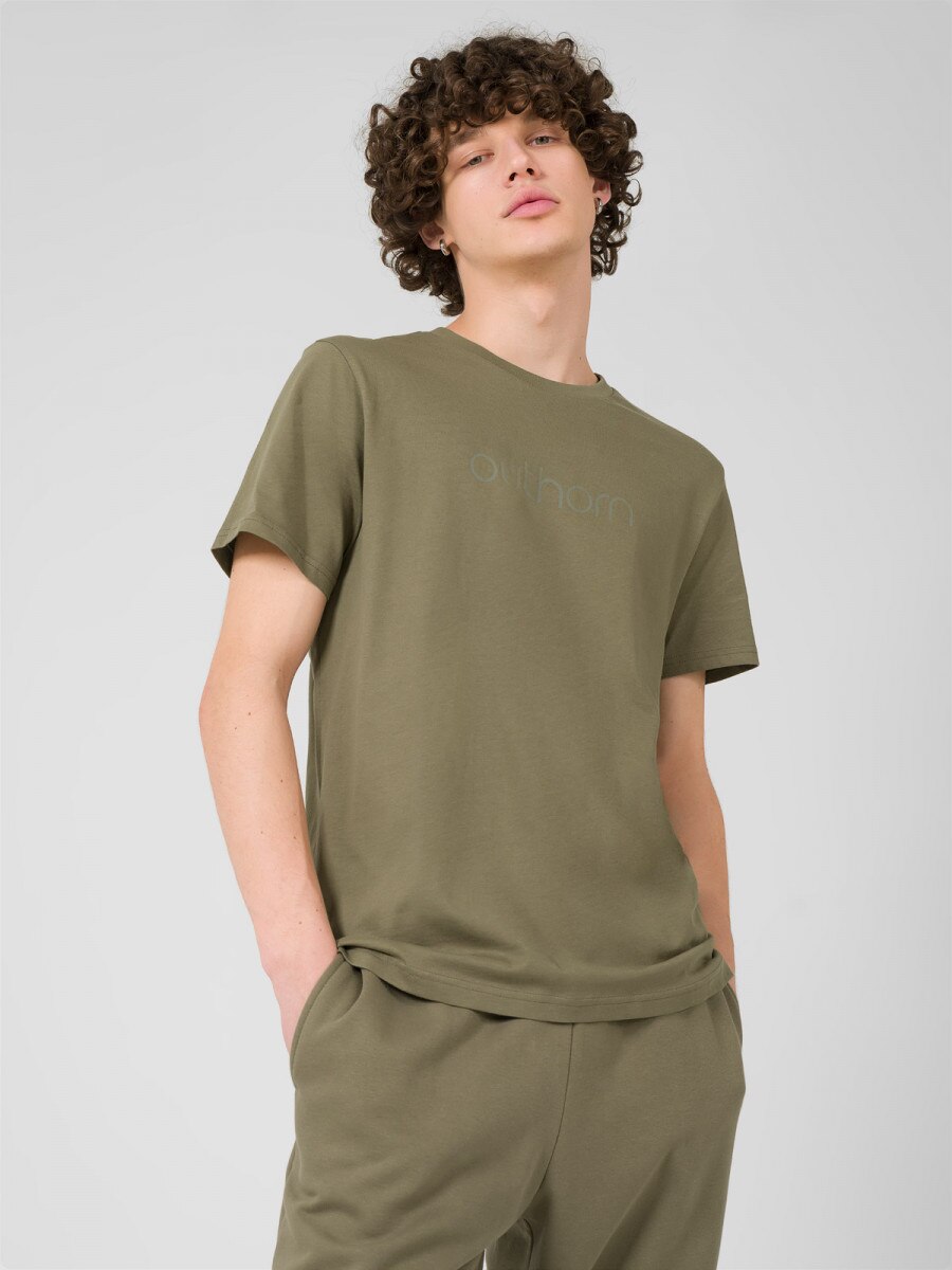 OUTHORN T-shirt z nadrukiem męski - oliwkowy/khaki Khaki 2