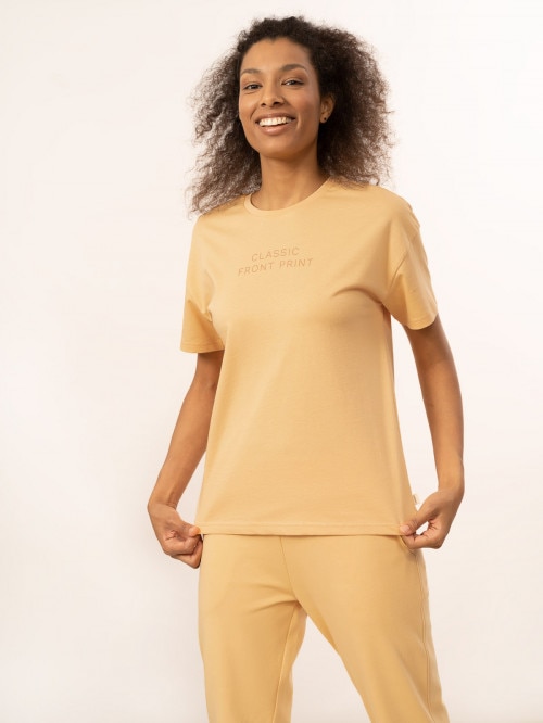 T-shirt oversize z nadrukiem damski - złoty