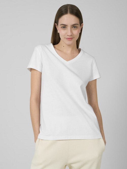 T-shirt gładki z dekoltem w serek damski - biały