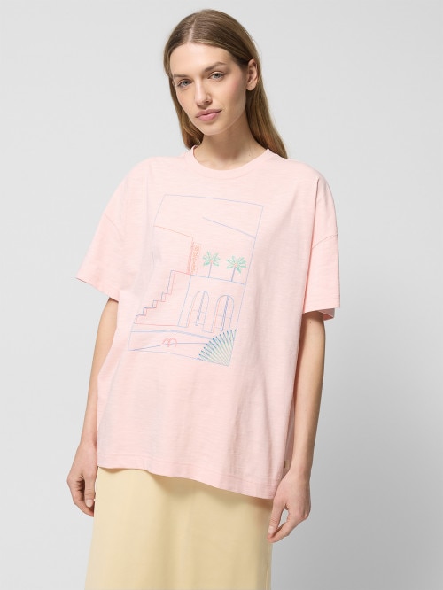 T-shirt oversize z nadrukiem damski - łososiowy