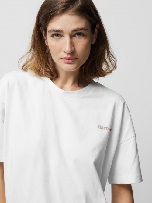 T-shirt oversize z nadrukiem damski - złamana biel