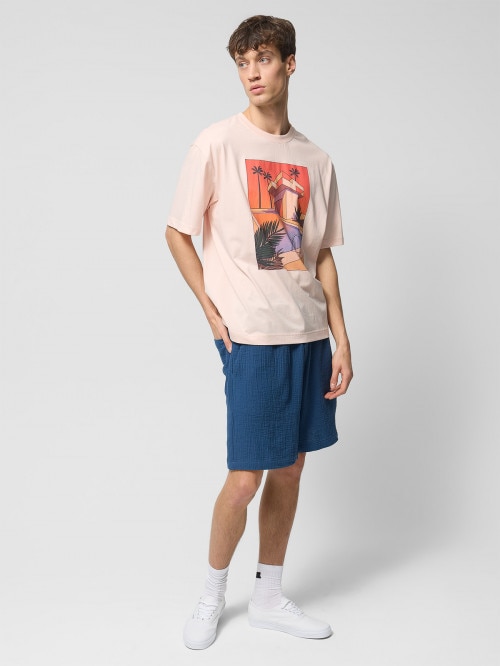 T-shirt oversize z nadrukiem męski - łososiowy
