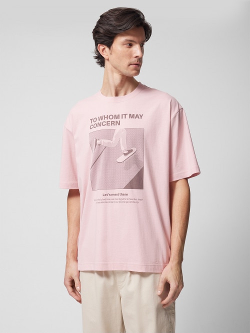 OUTHORN Tshirt oversize z nadrukiem męski  różowy Różowy
