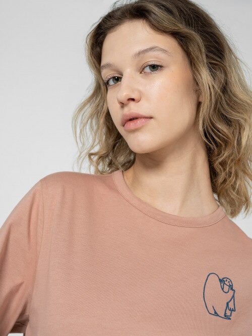 T-shirt z haftem damski - koralowy